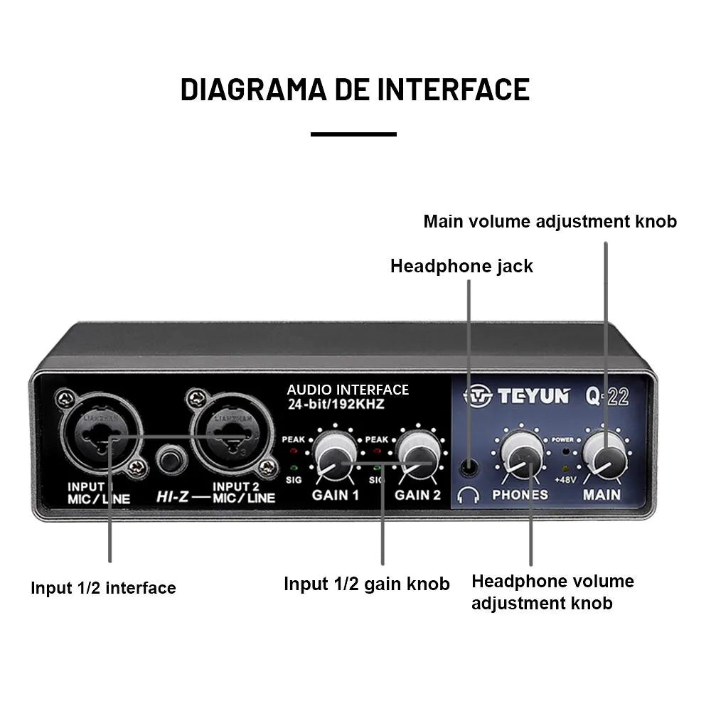 Interface de Áudio 24 - bit a 192KHz Mixer 2 entradas 2 saídas Q22 Teyun Teyun Q - 22 7 MVshow