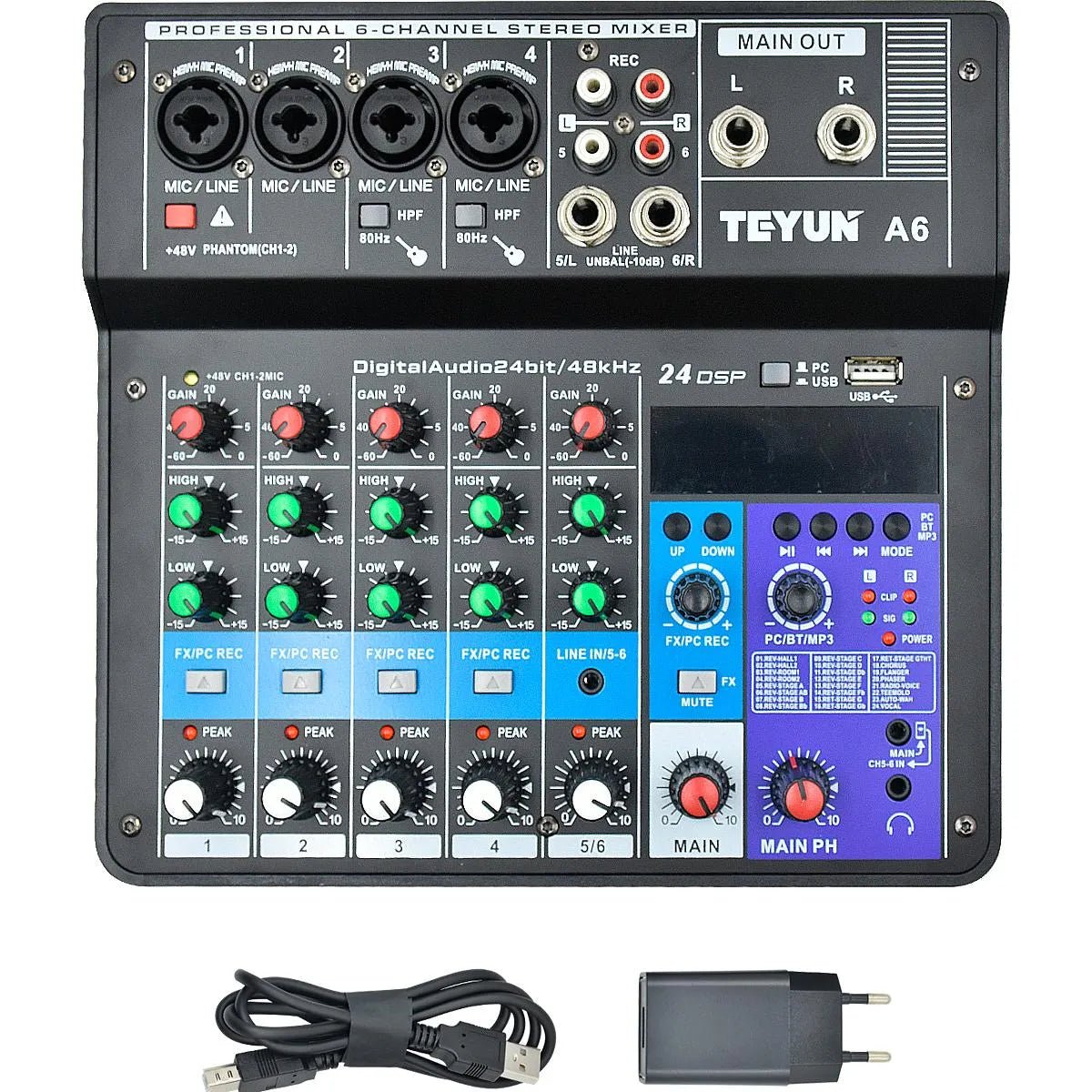 Mesa de Som 6 Canais Mixer Profissional Bluetooth USB Phatom A6 Teyun Teyun A6 9 MVshow