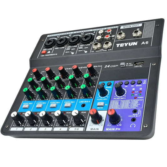 Mesa de Som 6 Canais Mixer Profissional Bluetooth USB Phatom A6 Teyun Teyun A6 2 MVshow