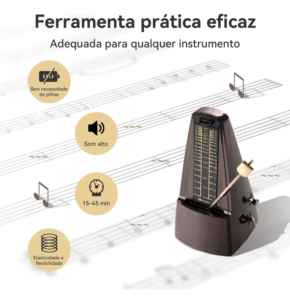 Metrônomo Mecânico Analógico Universal Marrom VD7200 VEDO VEDO VD7200 8 MVshow