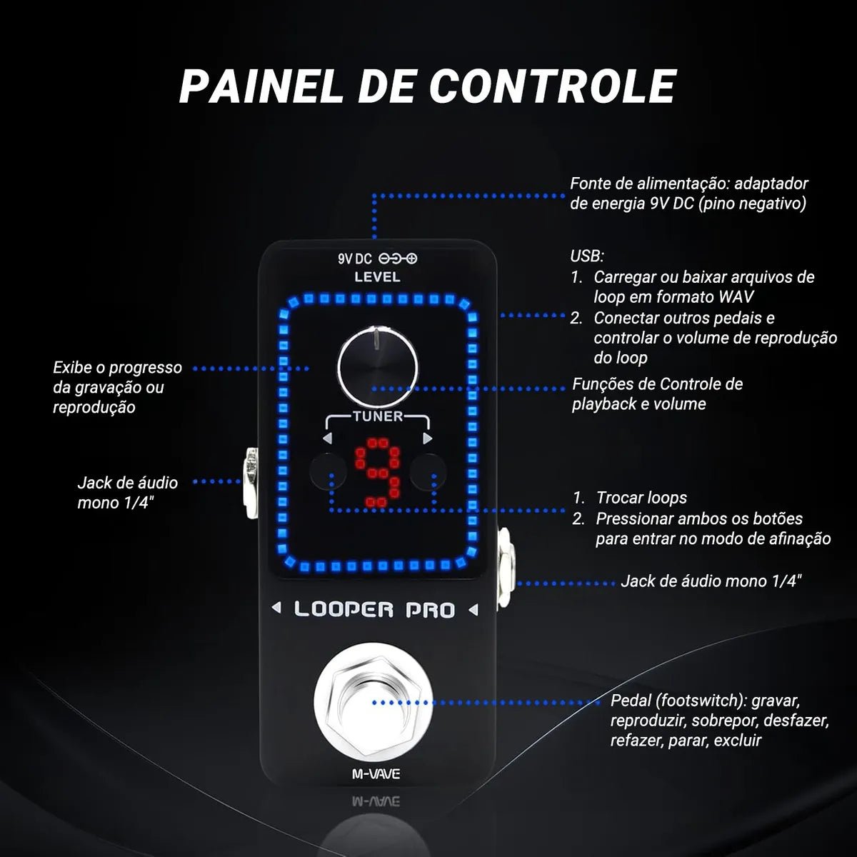 Pedal de Efeito Simulações Looper PRO M - VAVE para guitarra M - VAVE VAVE788 8 MVshow