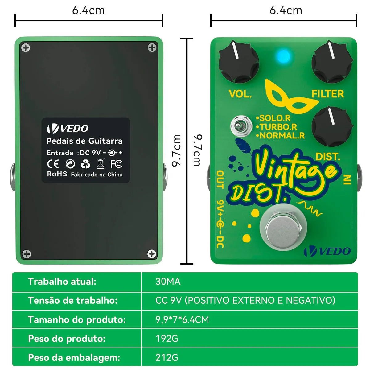 Pedal de Efeito Vedo Distorção Vintage G600V True Bypass para Guitarra VEDO G600V 4 MVshow