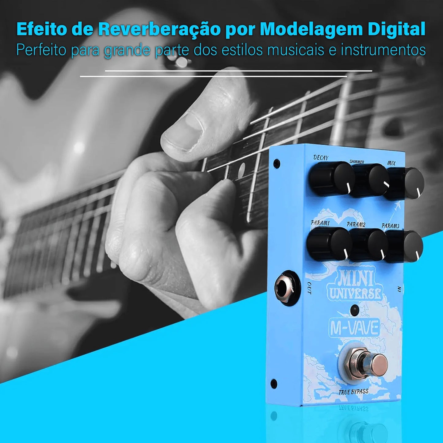 Pedal de Efeito Reverb Mini Universe M - VAVE 9 Tipos de Reverb True Bypass para Guitarra e Baixo M - VAVE VAVE974 6 MVshow