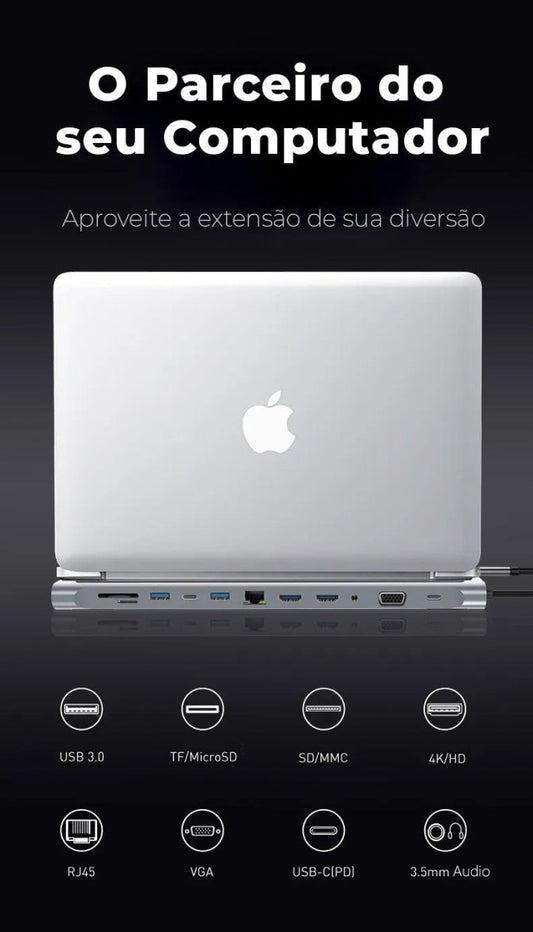 Hub USB - C 12 em 1 - Adaptador SD TF USB - A B e C P2 P3 VGA RJ45 HDMI - Vedo VEDO VD121 2 MVshow