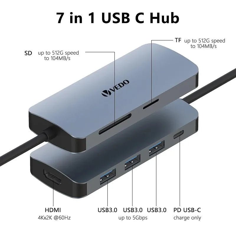 Hub USB - C 7 em 1 - Adaptador SD TF Portas HDMI USB - A B e C - Vedo VEDO UCN3241 4 MVshow