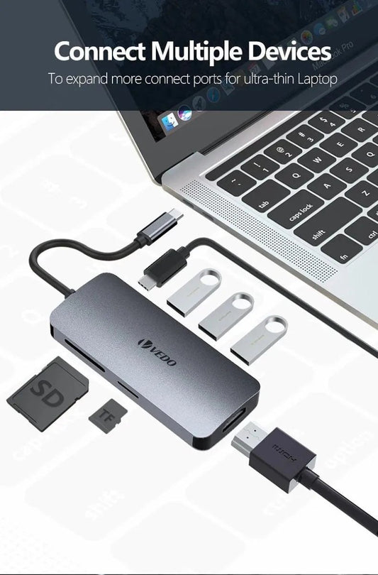 Hub USB - C 7 em 1 - Adaptador SD TF Portas HDMI USB - A B e C - Vedo - MV Show