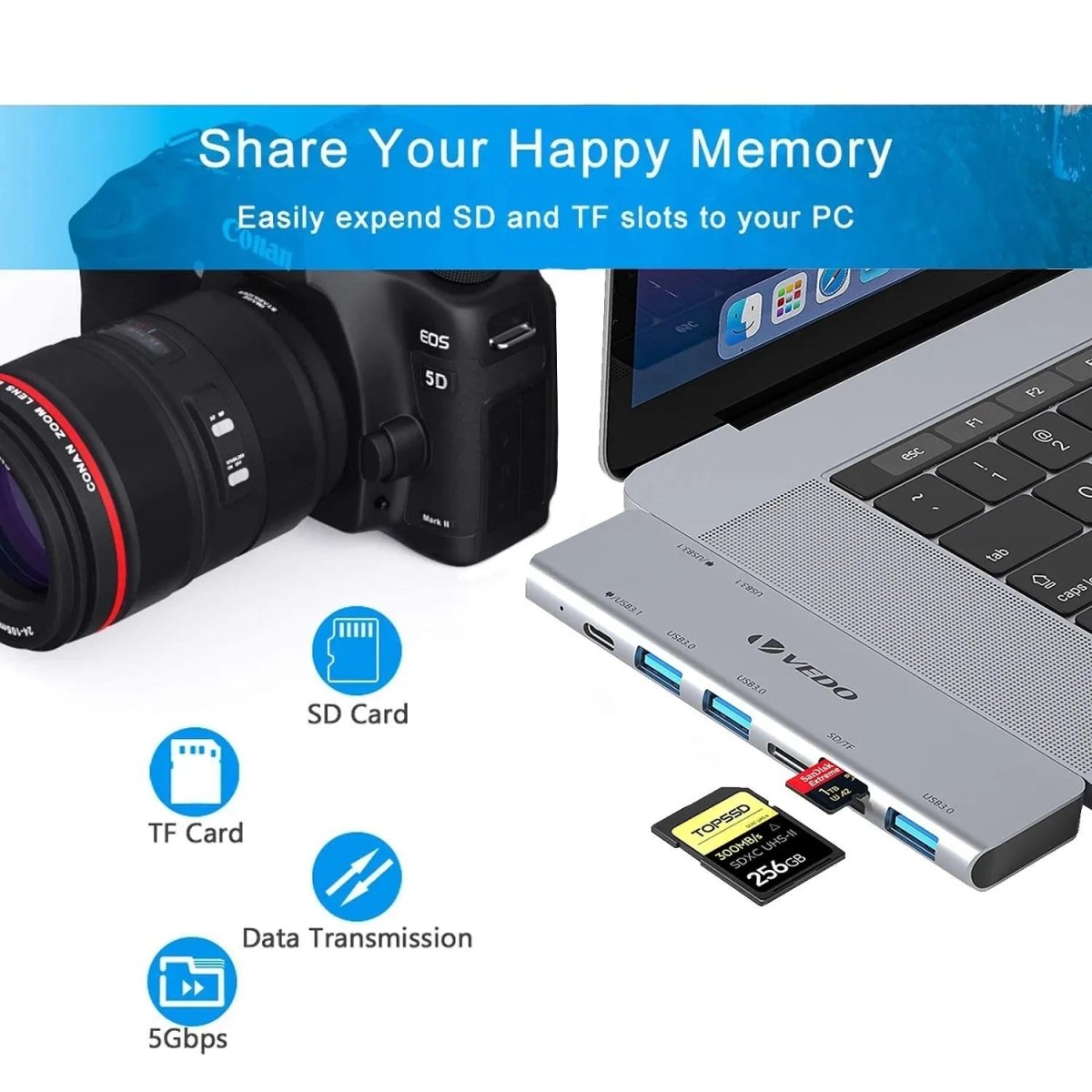 Hub USB - C 6 em 1 - Adaptador para MacBook Air 13 SD TF USB - C USB 3.0 Micro SD - Vedo VEDO UCN3317 6 MVshow