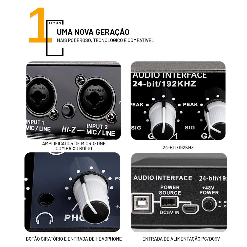 Interface de Áudio 24 - bit a 192KHz Mixer 2 entradas 2 saídas Q22 Teyun Teyun Q - 22 4 MVshow