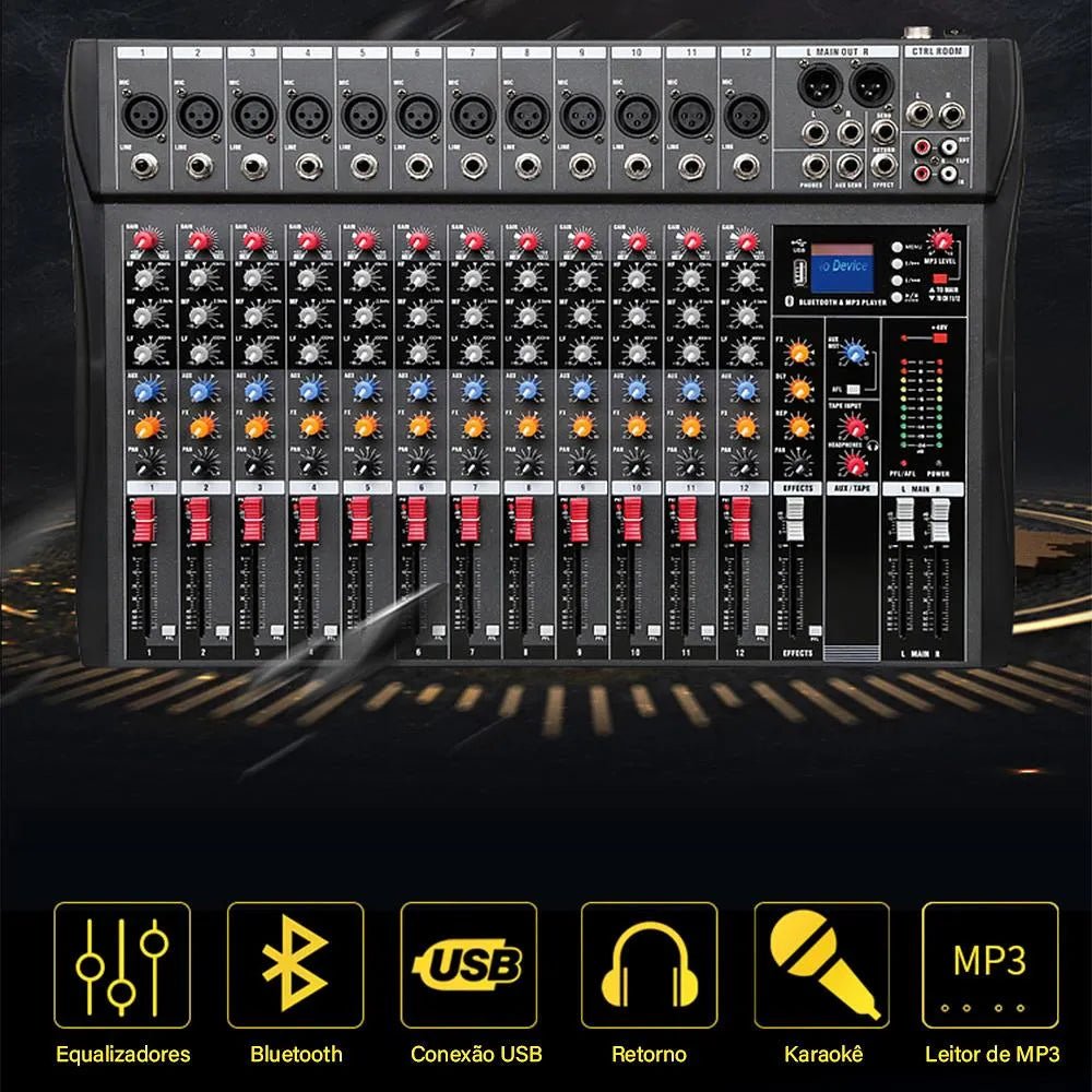 Mesa de Som Profissional Mixer de 12 Canais - Vedo - MV Show