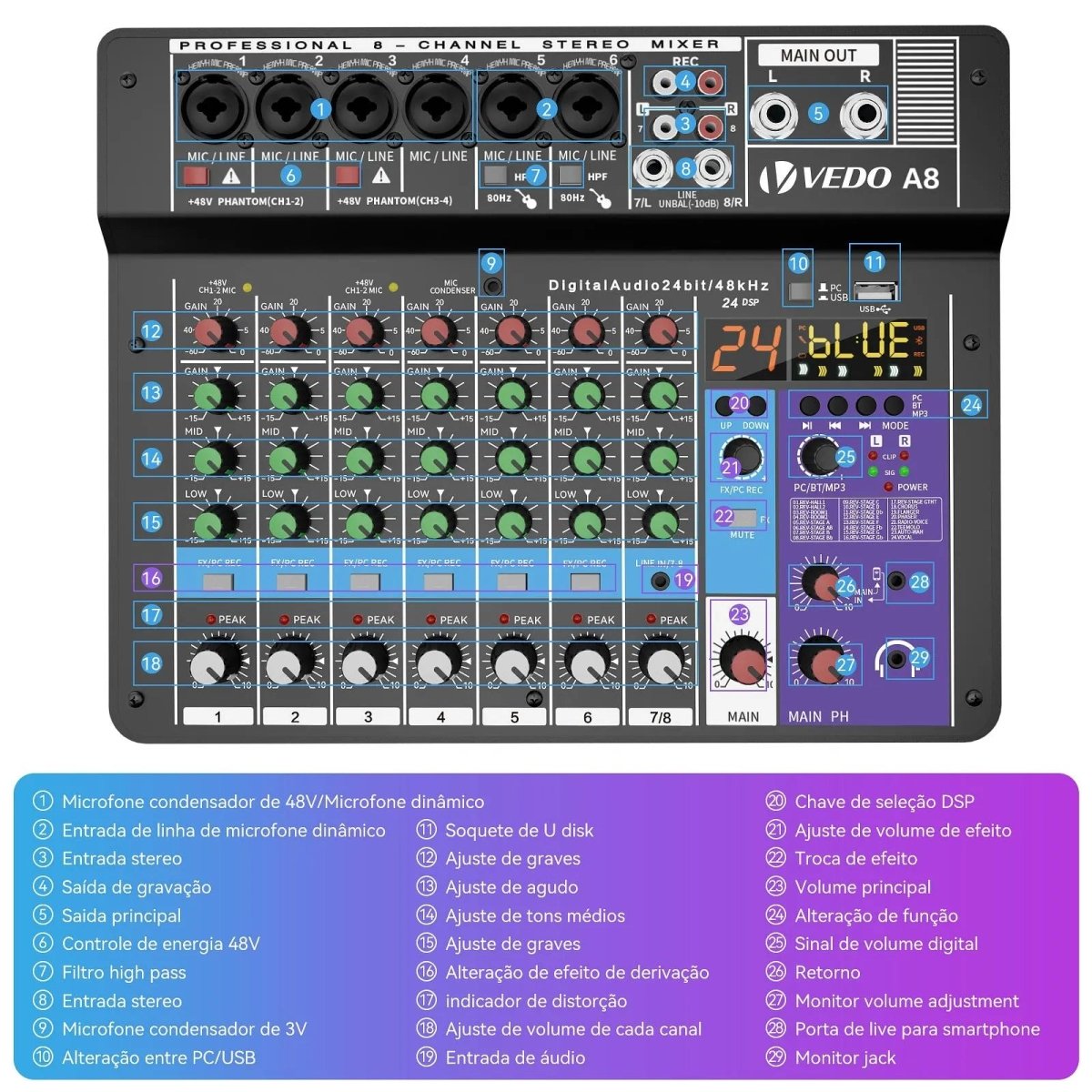 Mesa De Som Teyun A8 Com 8 Canais Bluetooth Usb Phantom+ 48v Teyun A8 7 MVshow