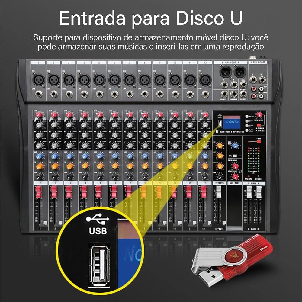 Mesa de Som Profissional Mixer de 12 Canais - Vedo - MV Show
