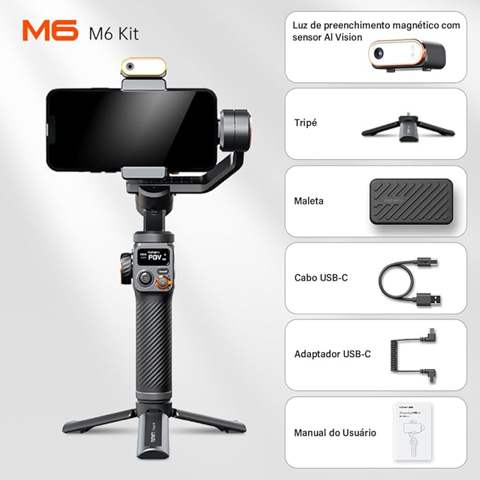 Estabilizador Gimbal Hohem i - Steady M6 Kit 3 eixos para celulares smartphones Hohem M6 KIT 4 MVshow