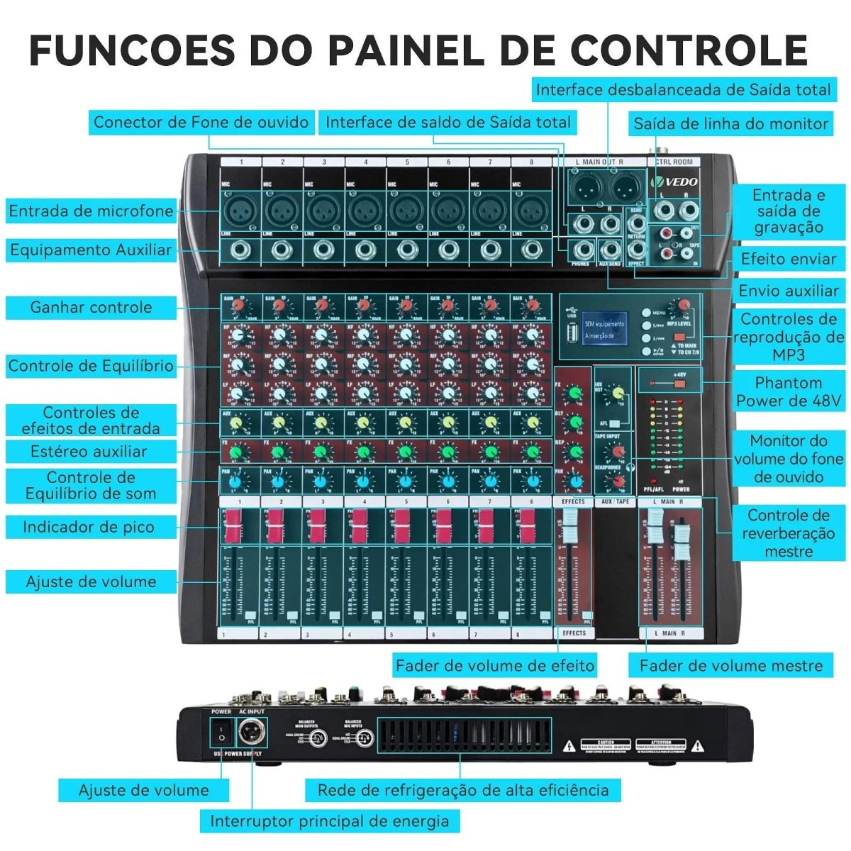 Mesa de Som Profissional Interface de 8 Canais VDA208L VEDO VEDO VDA208L 5 MVshow