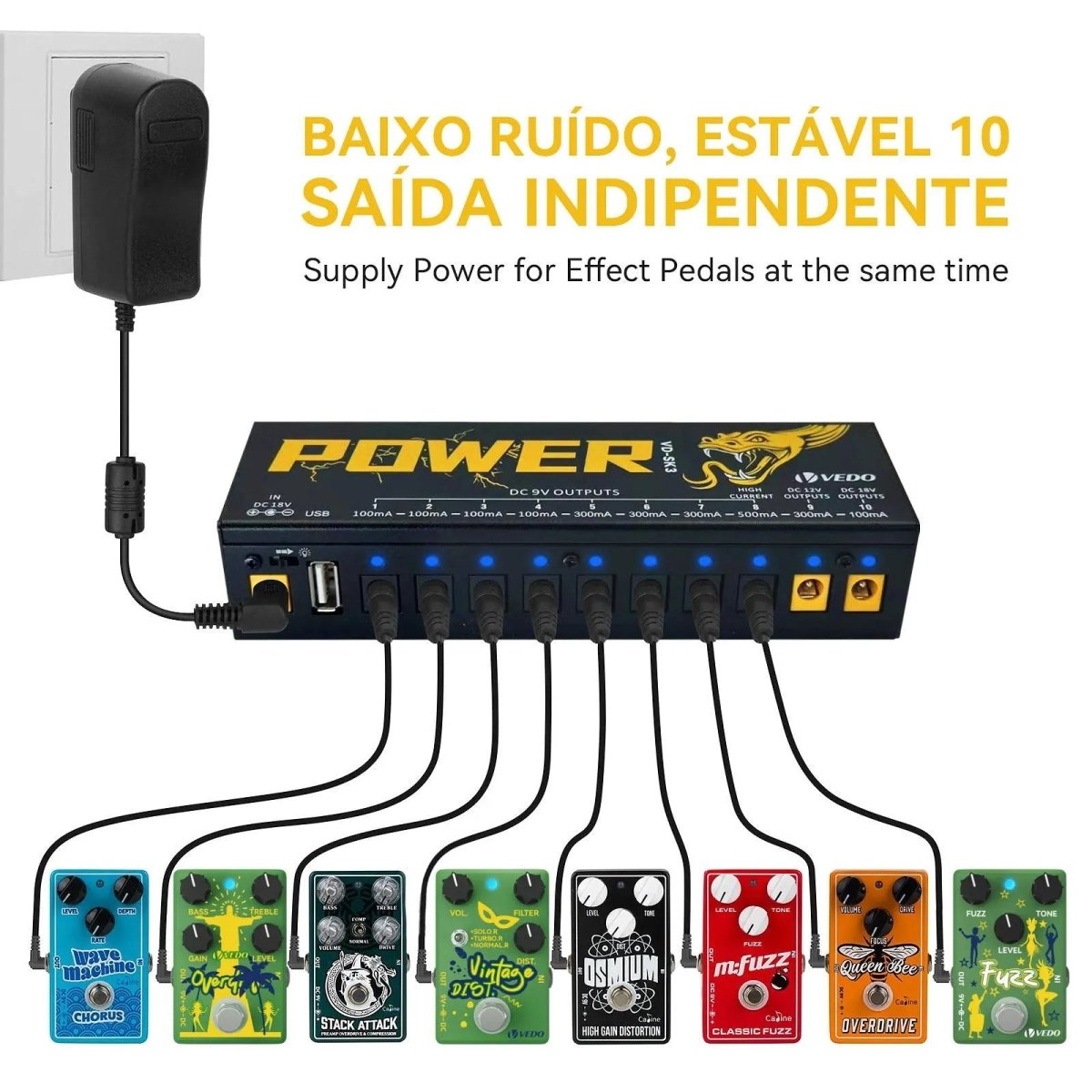 Fonte de Alimentação para Pedal - Saídas de 100mhA à 500mhA - VEDO - MV Show
