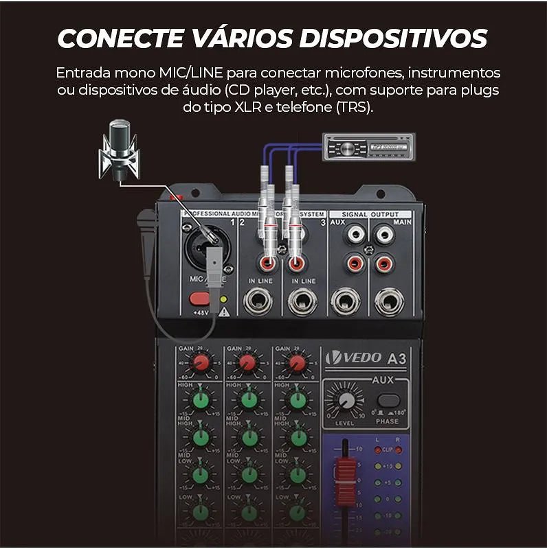 Mesa de Som 4 Canais - Mixer Profissional A3 Vedo VEDO A3 5 MVshow