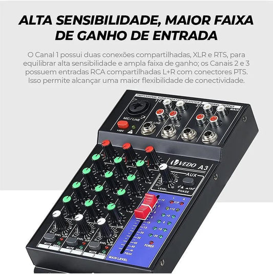 Mesa de Som 4 Canais - Mixer Profissional - Vedo - MV Show
