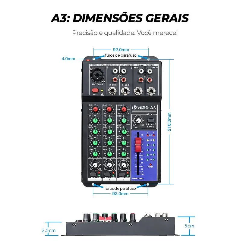 Mesa de Som 4 Canais - Mixer Profissional A3 Vedo VEDO A3 9 MVshow