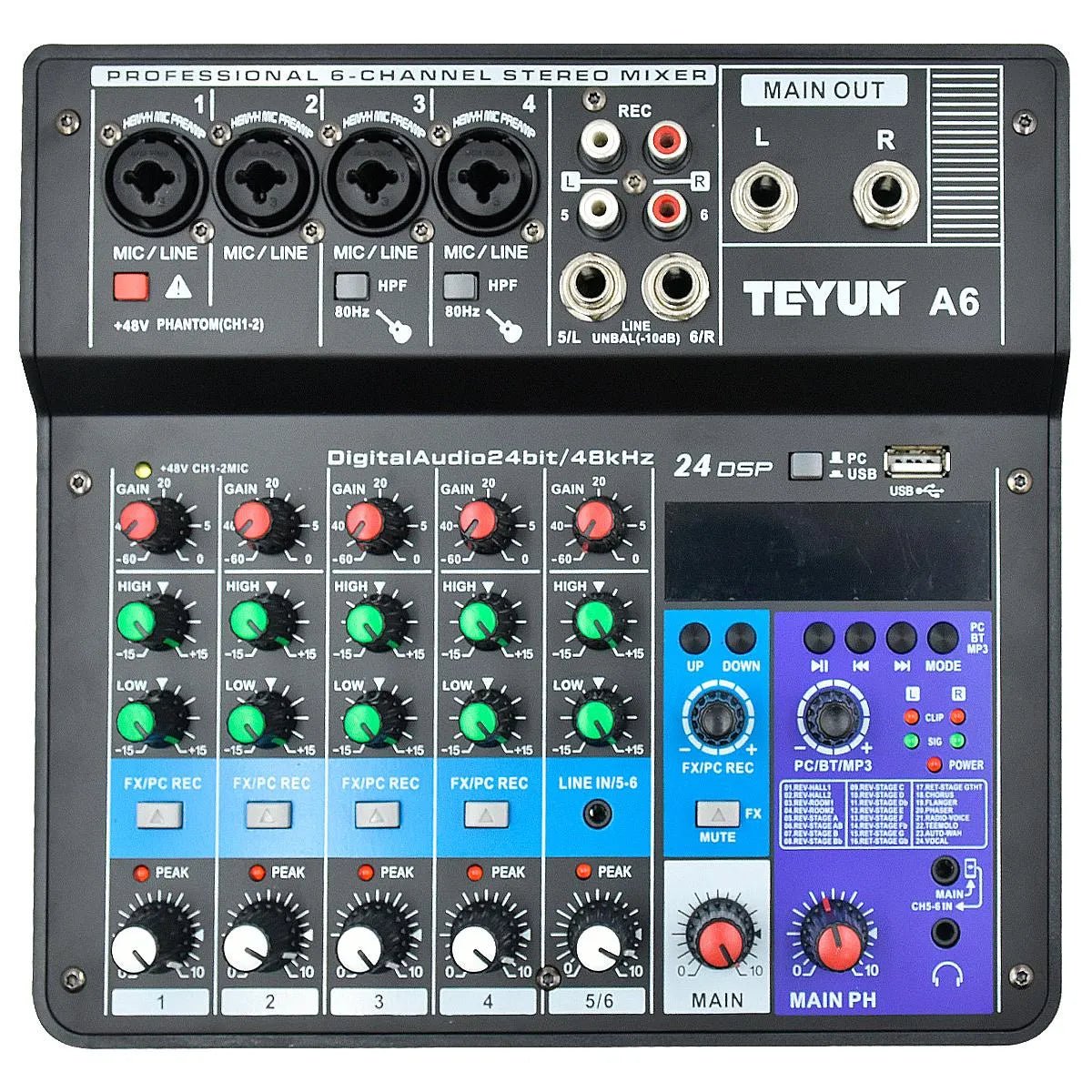 Mesa de Som 6 Canais - Mixer Profissional - Teyun - MV Show