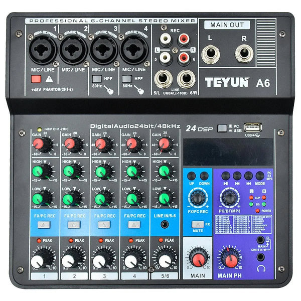 Mesa de Som 6 Canais Mixer Profissional Bluetooth USB Phatom A6