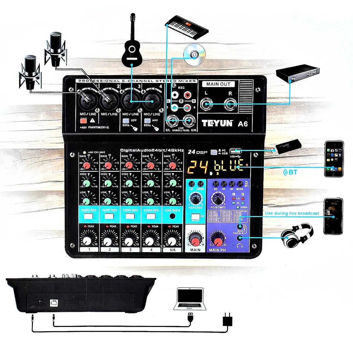 Mesa de Som 6 Canais - Mixer Profissional - Teyun - MV Show