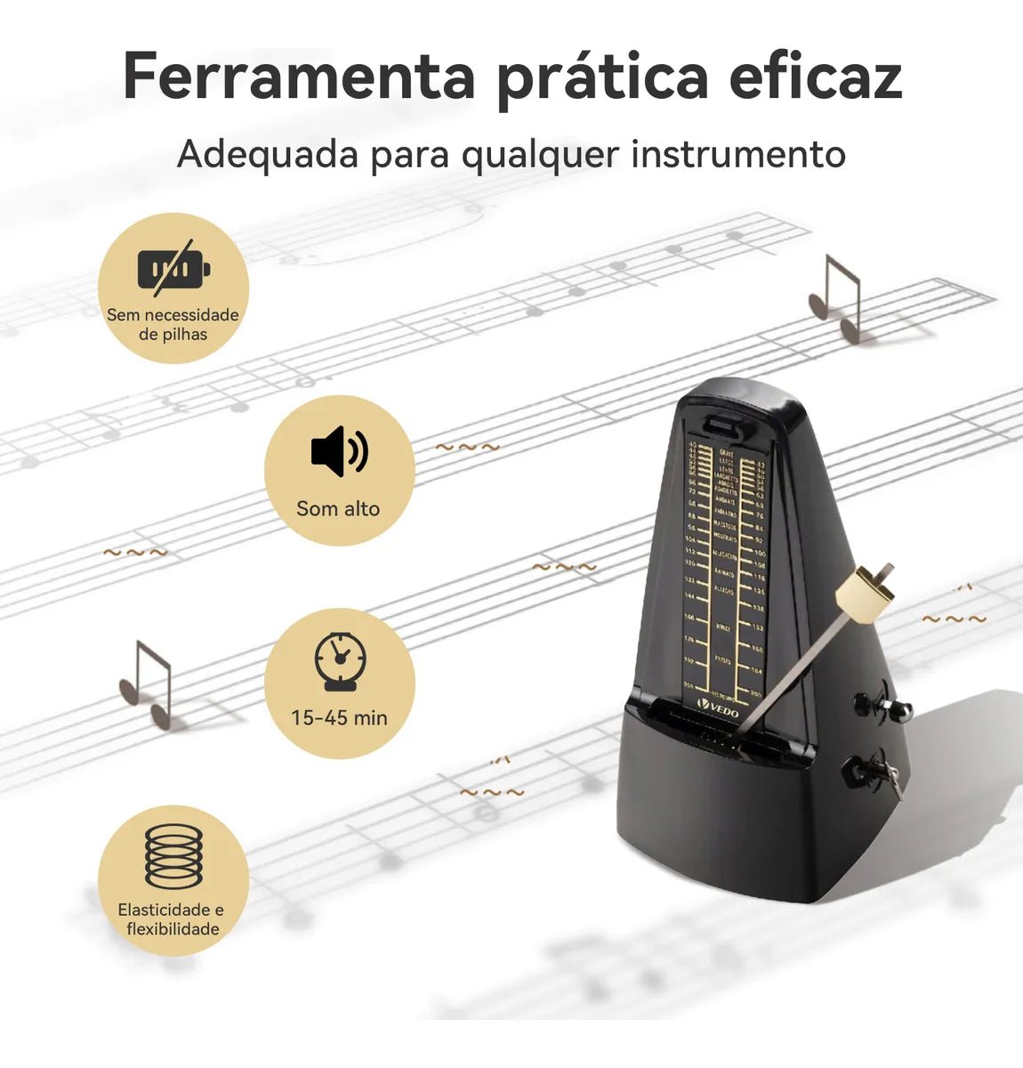 Metrônomo Mecânico Analógico Universal Preto VD7310 VEDO VEDO VD7310 6 MVshow