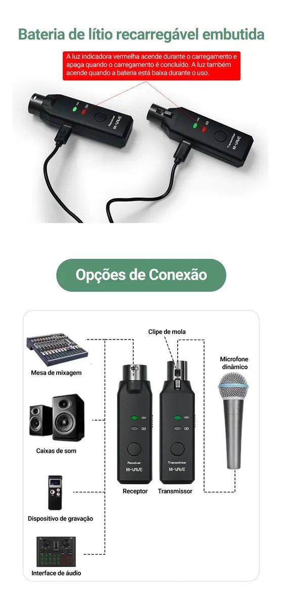 Receptor Transmissor XLR Microfone Sem Fio WP - 7 M - VAVE M - VAVE wp - 7 6 MVshow