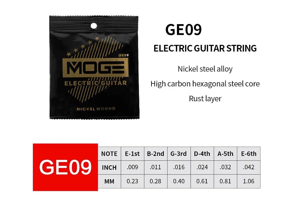 Cordas em Aço e Níquel para Guitarra Elétrica de 0,23mm a 1,06mm GE09 MOGE MOGE GE09 4 MVshow