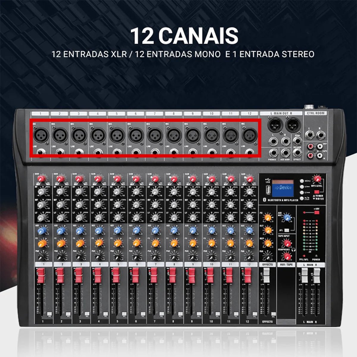 Mesa de Som Profissional Mixer de 12 Canais - Vedo - MV Show