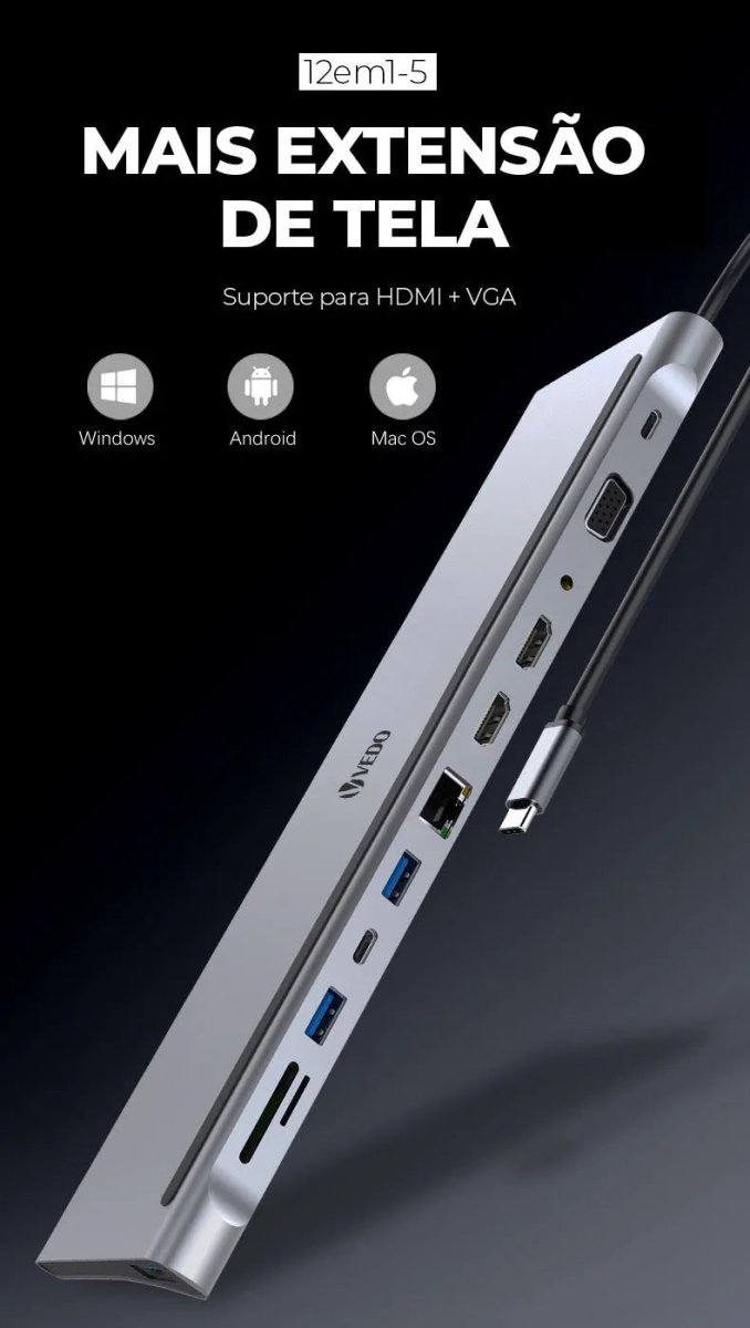Hub USB - C 12 em 1 - Adaptador SD TF USB - A B e C P2 P3 VGA RJ45 HDMI - Vedo VEDO VD121 1 MVshow