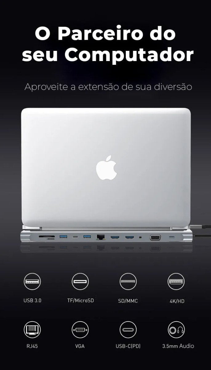 Hub USB - C 12 em 1 - Adaptador SD TF USB - A B e C P2 P3 VGA RJ45 HDMI - Vedo VEDO VD121 2 MVshow