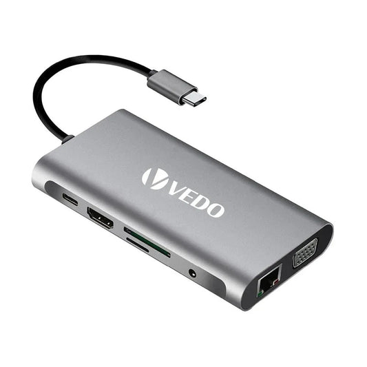 Hub USB - C 10 em 1 - Adaptador SD TF USB - A B e C P2 P3 VGA RJ45 HDMI - Vedo - MV Show