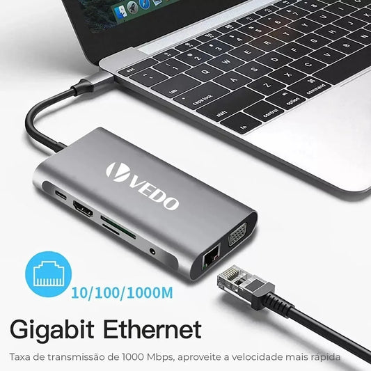 Hub USB - C 10 em 1 - Adaptador SD TF USB - A B e C P2 P3 VGA RJ45 HDMI - Vedo - MV Show