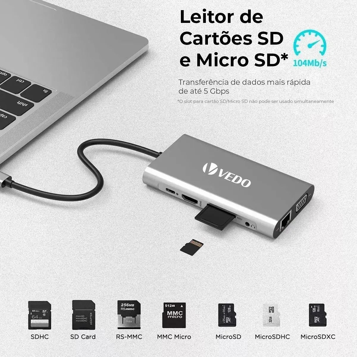 Hub USB - C 10 em 1 - Adaptador SD TF USB - A B e C P2 P3 VGA RJ45 HDMI - Vedo - MV Show