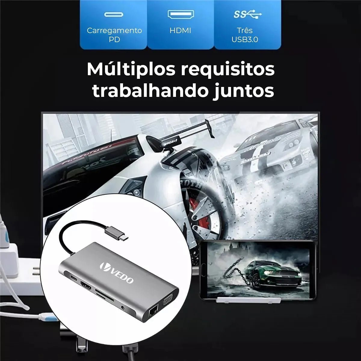 Hub USB - C 10 em 1 - Adaptador SD TF USB - A B e C P2 P3 VGA RJ45 HDMI - Vedo - MV Show
